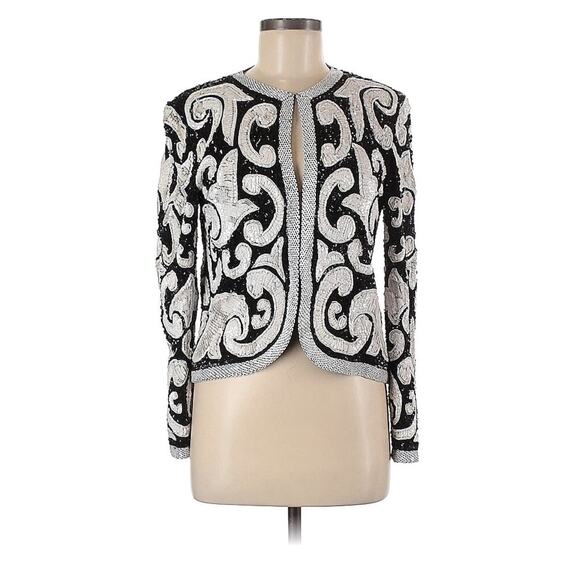 VTG Joan Leslie Evenings Sequin Beaded Statement Jacket Black White Medium - Picture 1 of 3